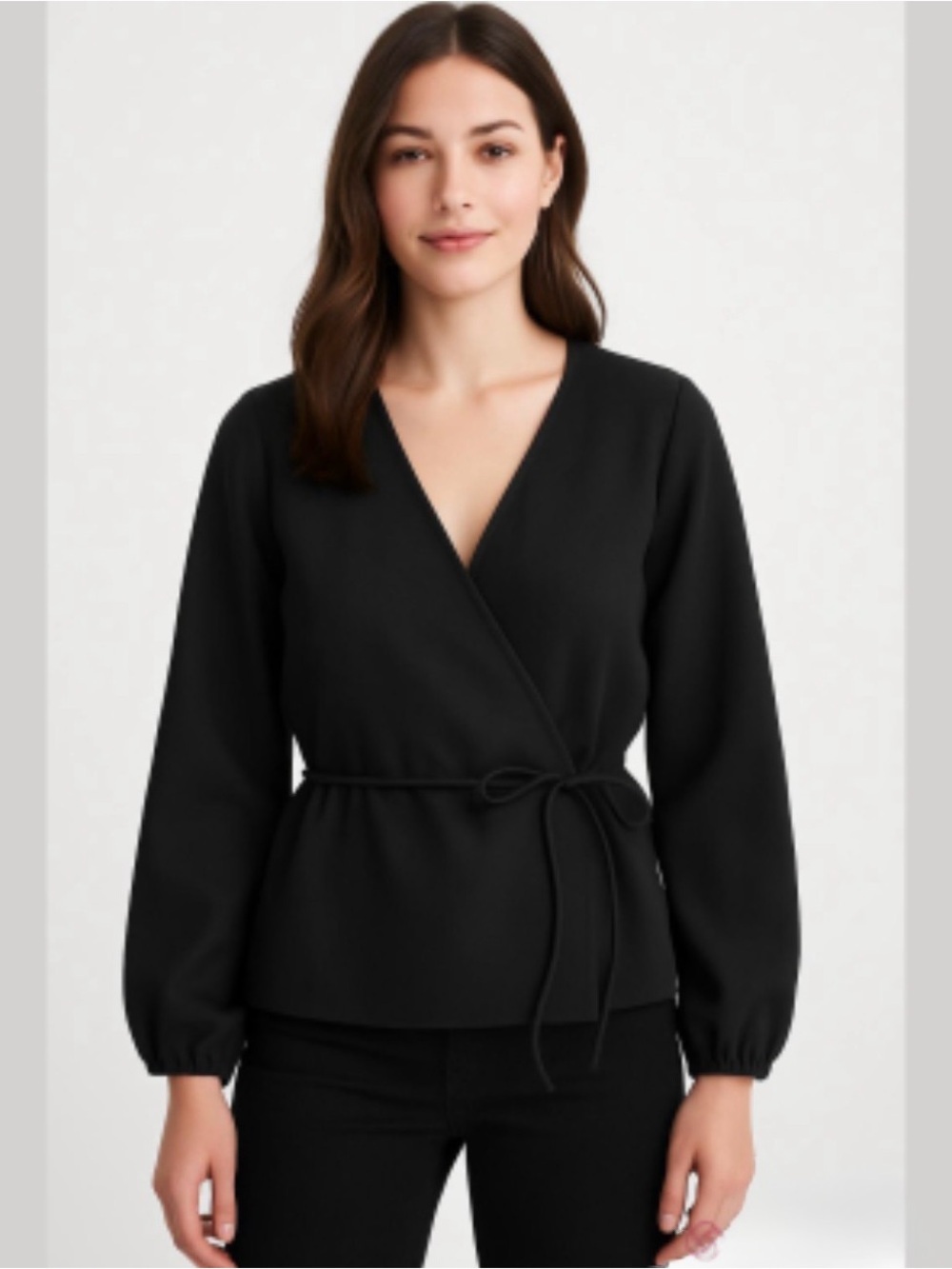 J. CREW | Black Crepe Faux Wrap V-Neck Top Tie Waist Blouse Sz. 6 Classic